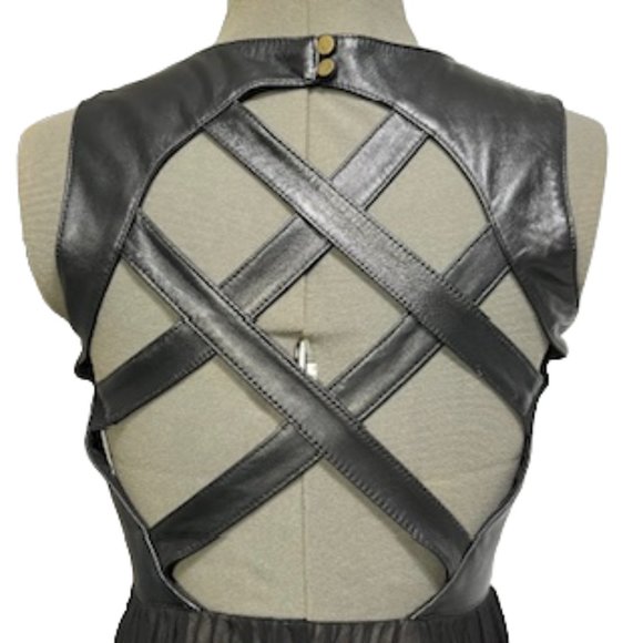 NICOLE MILLER Black Supple Leather and Chiffon Cocktail Dress Size 0, NWT - Picture 8 of 16